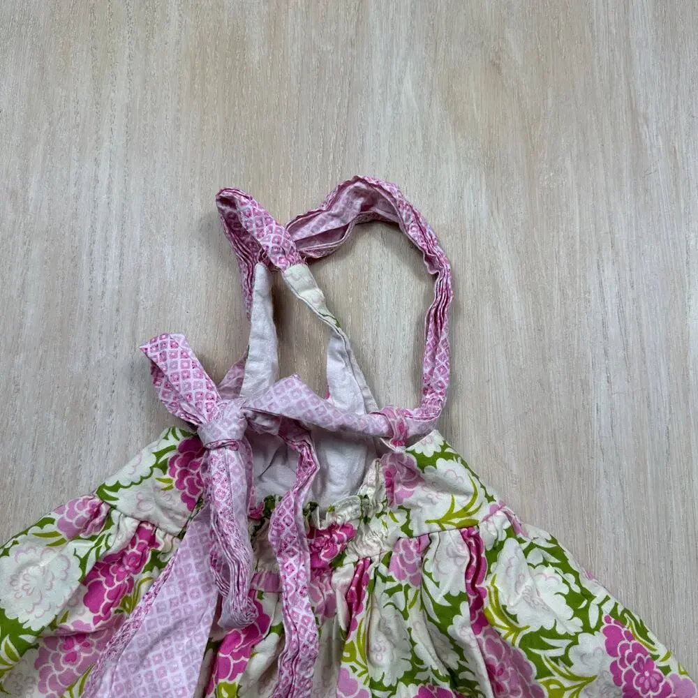 Haute Baby Pink Green Floral Cottagecore Lace Rosette Halter Sundress Dress 3T